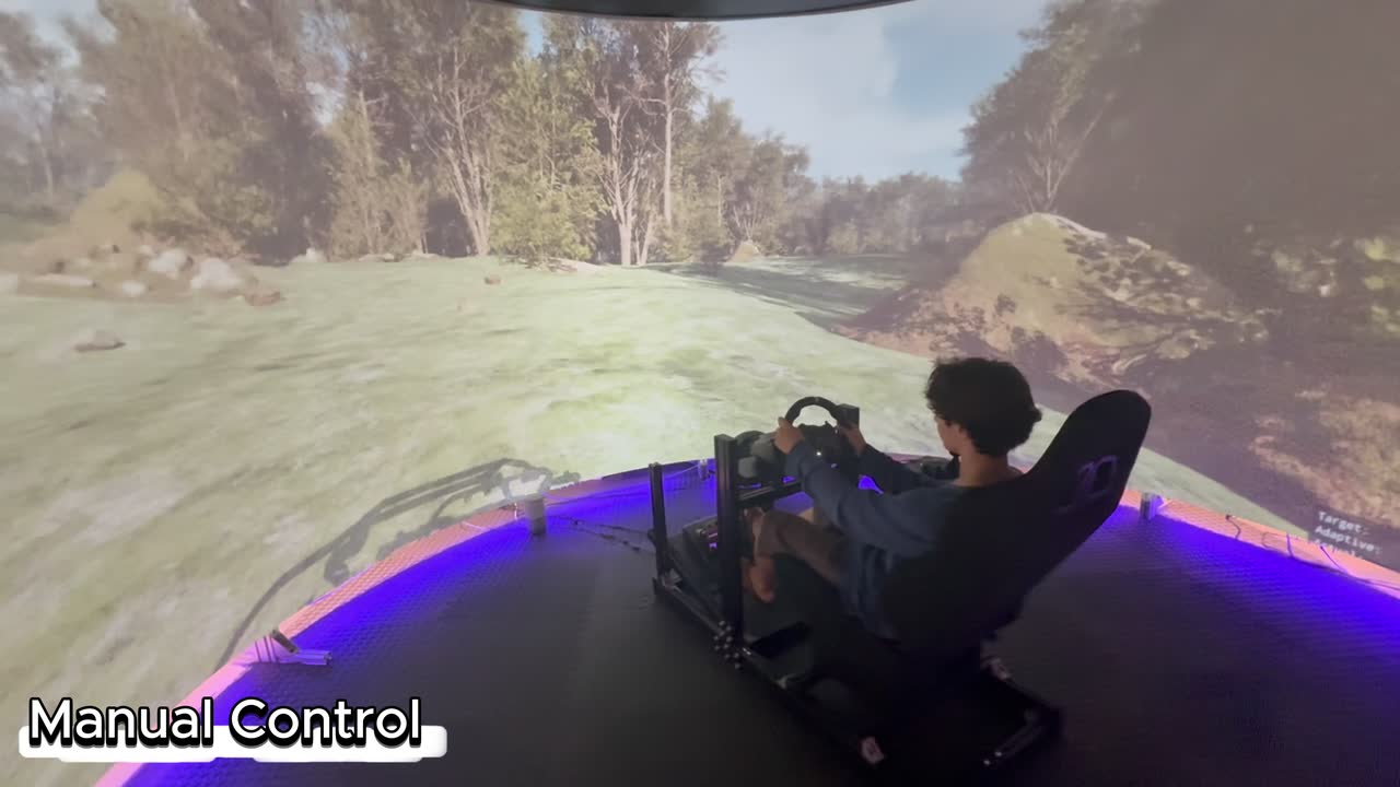 A driver at the wheel inside the immersive display cave, the simulated forest wrapped around the screen